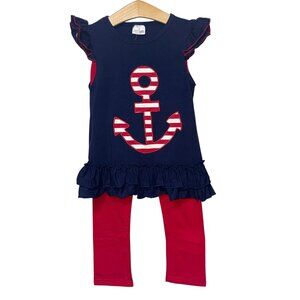 Red Anchor Outfit Girls L3/TNavy Top & Red Pants Set Patriotic Ruffle Sleeveless